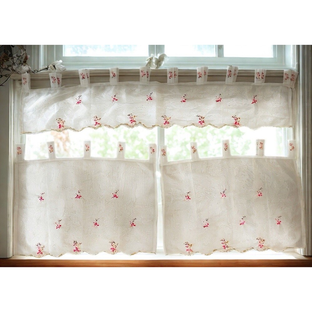 Curtains Cafe  sheer white floral embroidery 1 Valance & 2 Panel Vintage Cottage